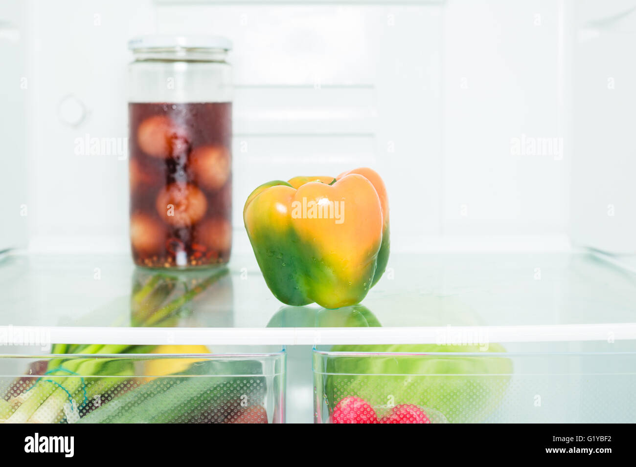 A bunch of different vegetables in a refrigerator Stock Photo