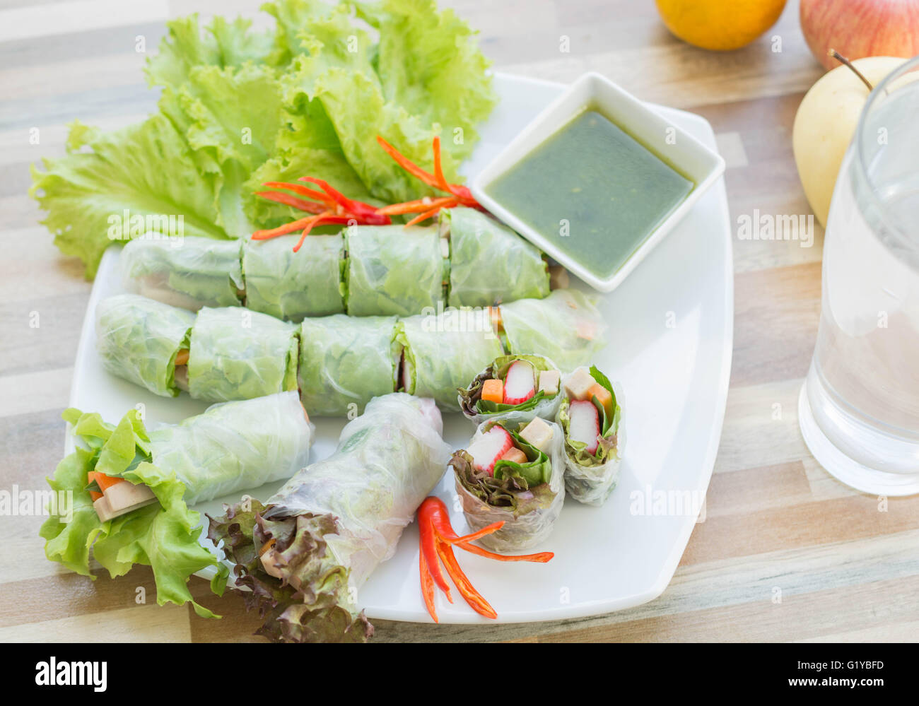 Fresh vegetable noodle spring roll with spicy sauce , diet food Stock Photo