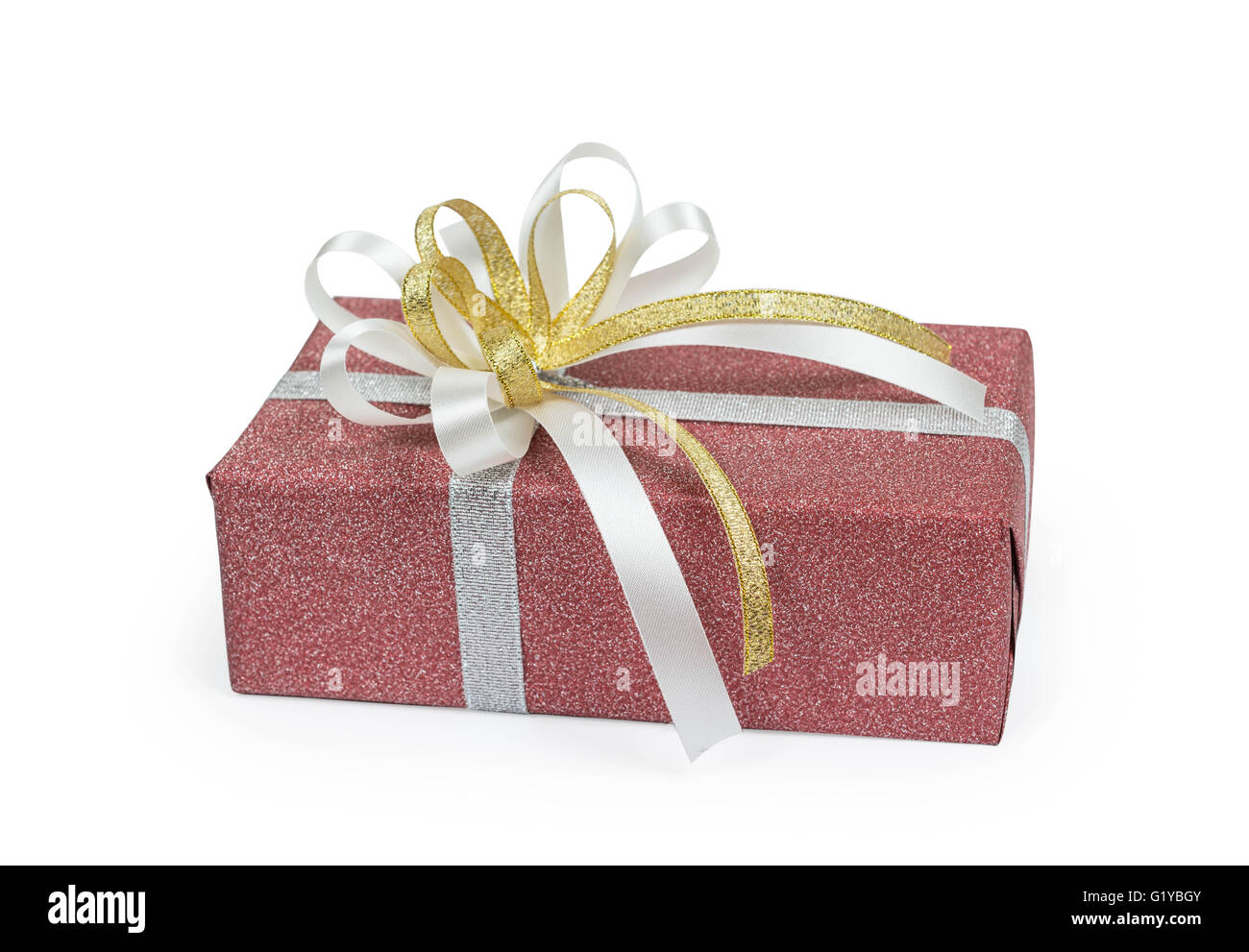 Red gift box with white and gold ribbons bow on white backgound Stock ...
