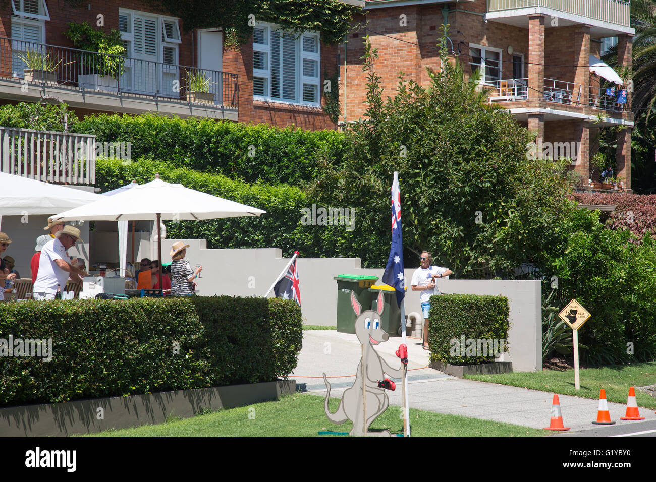 Australia Day celebrations in Palm Beach Sydney with a nationalistic tone and cardboard kangaroo Australia Day celebrations in Palm Beach Sydney with a nationalistic tone and cardboard kangaroo