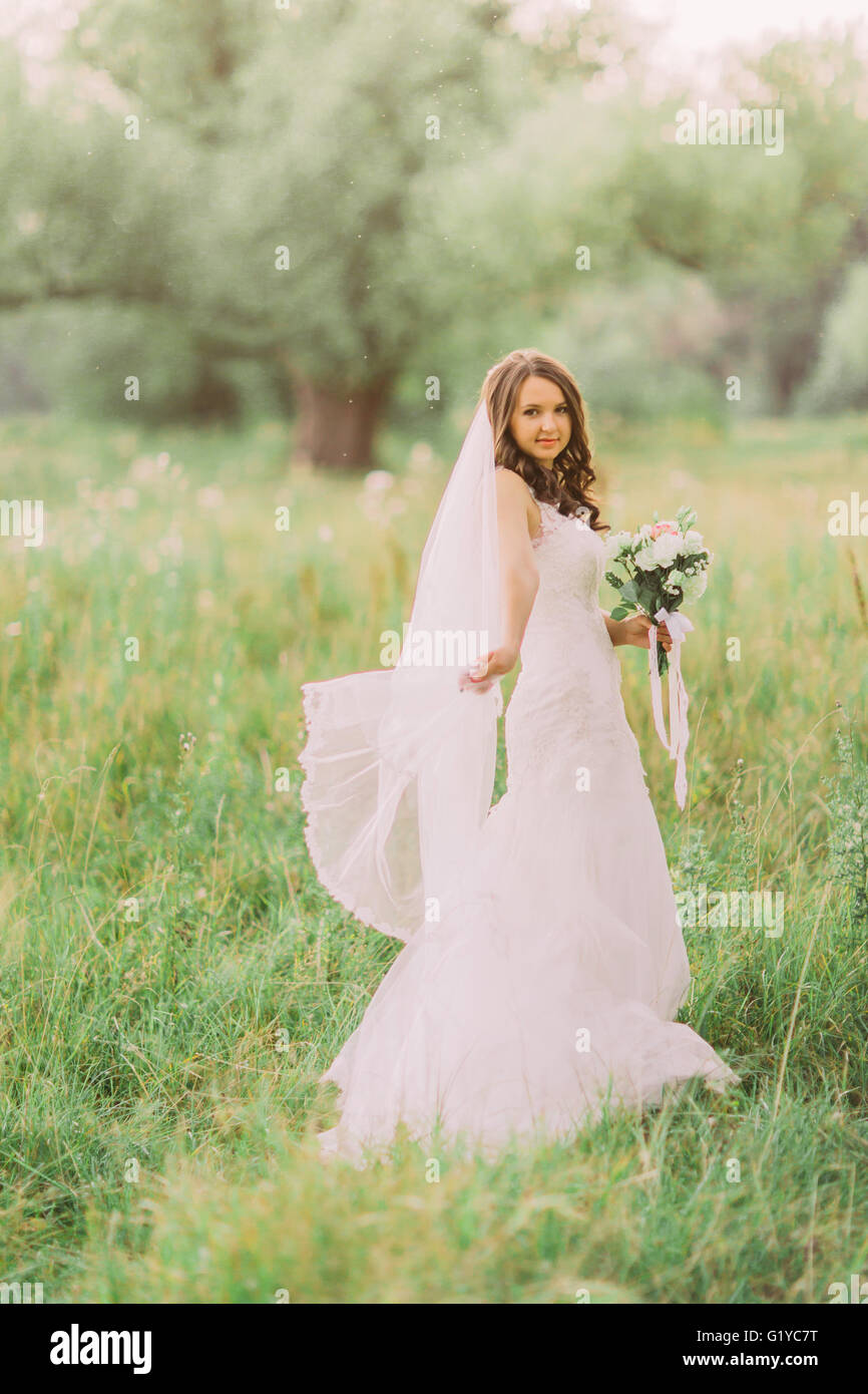 Portrait of beautiful young bride in elegant dress with long veil and ...
