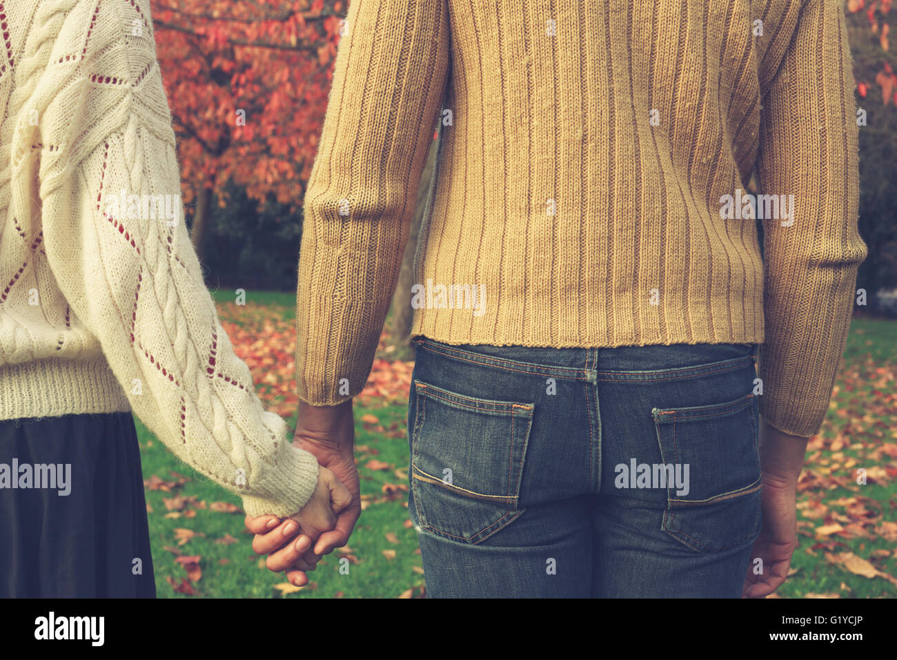 A young couple is holding hands in the park by a tree in autumn Stock ...