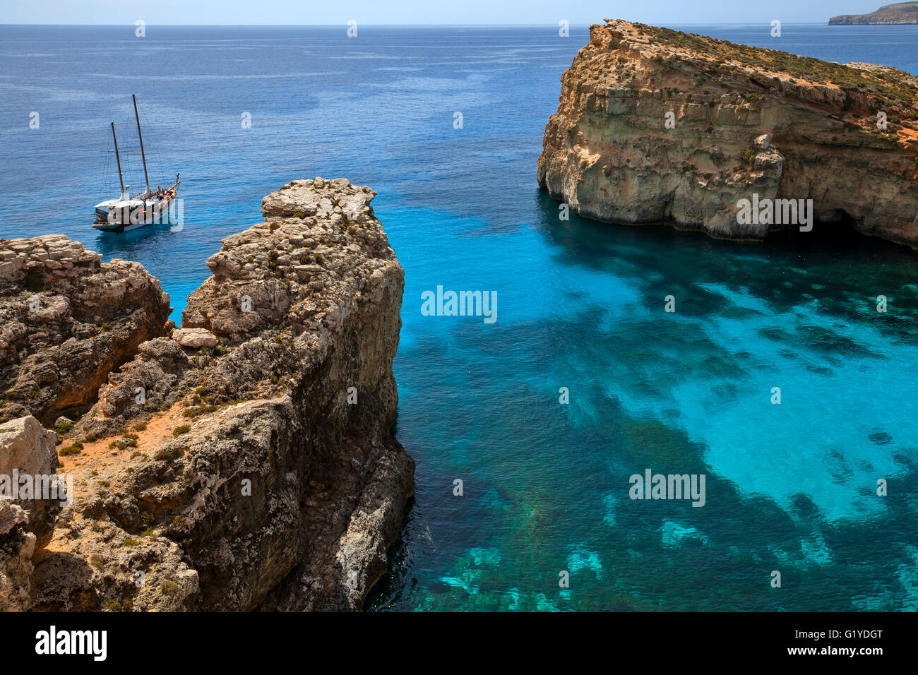 Yacht in the Blue Lagoon, Comino, Malta Stock Photo
