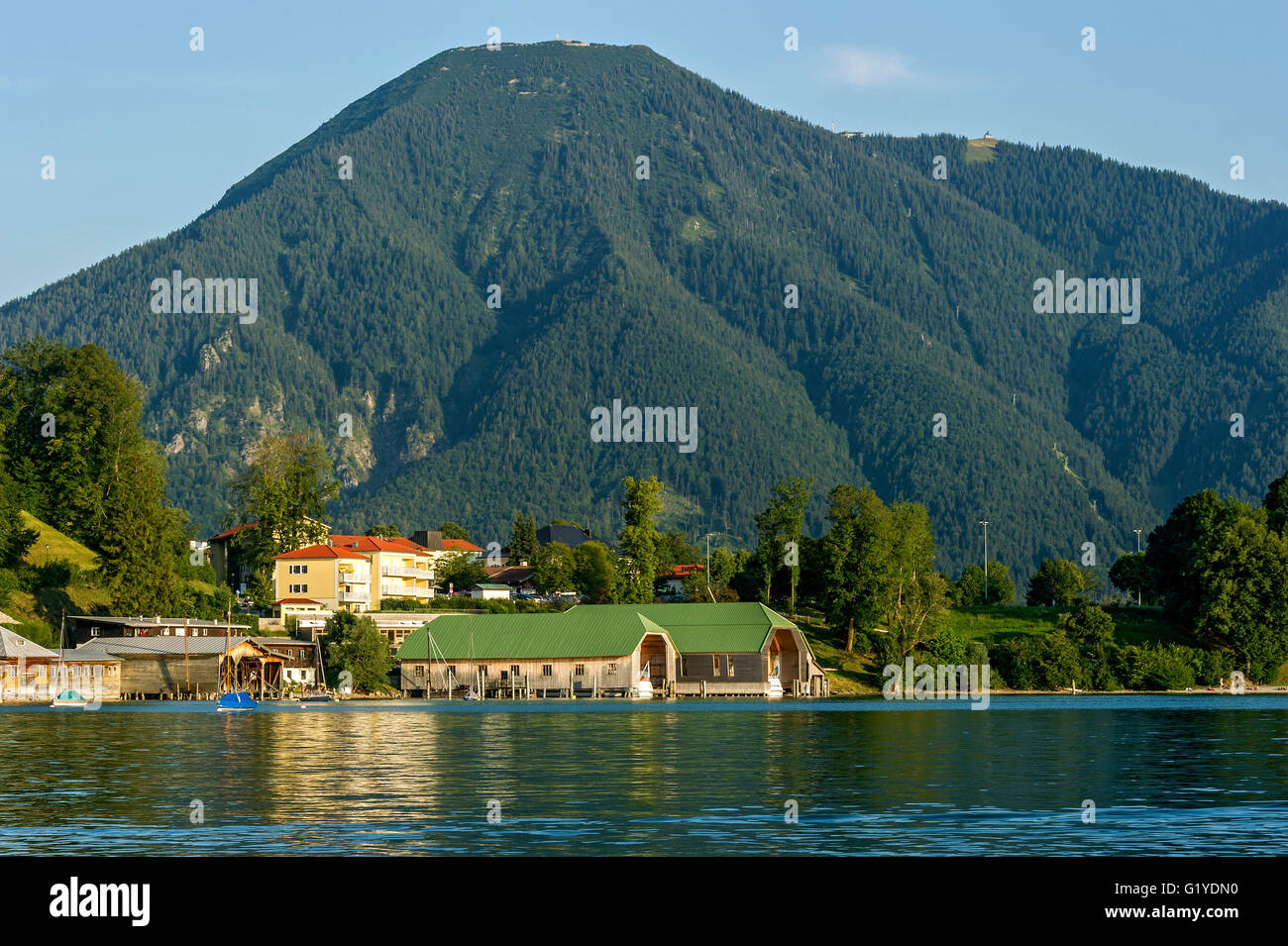 Tegernsee with boathouses, city Tegernsee, Mount Wallberg in Mangfall mountains, Bavarian Prealps, Upper Bavaria, Bavaria Stock Photo