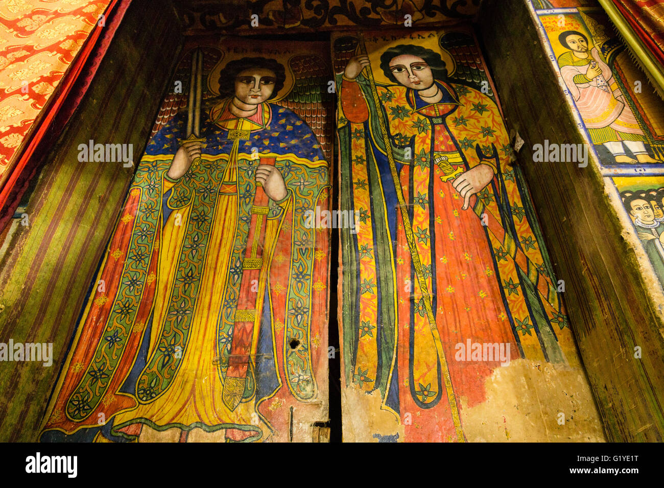 Christian Orthodox Wall Paintings, Old Cathedral of Tsion Maryam or St. Mary of Zion, Aksum, Ethiopia, Africa Stock Photo