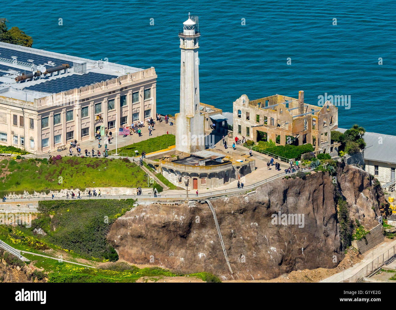 Prison Island Alcatraz, Alcatraz Island with Lighthouse, Aerial view, San Francisco, San