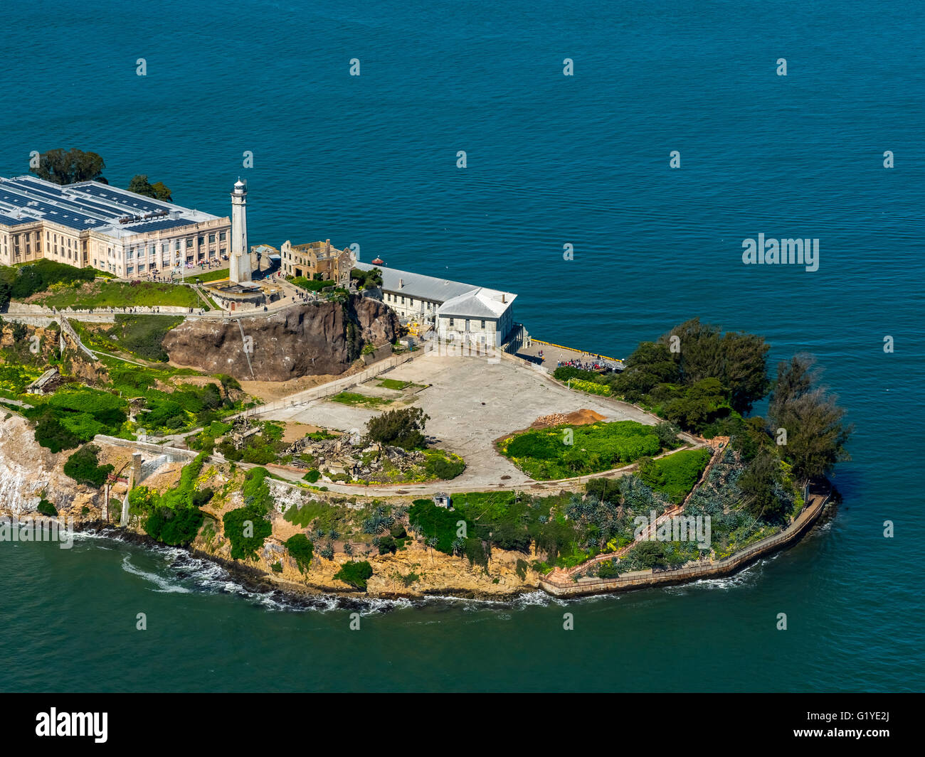 Prison Island Alcatraz, Alcatraz Island with Lighthouse, Aerial view, San Francisco, San Francisco Bay Area, California, USA Stock Photo