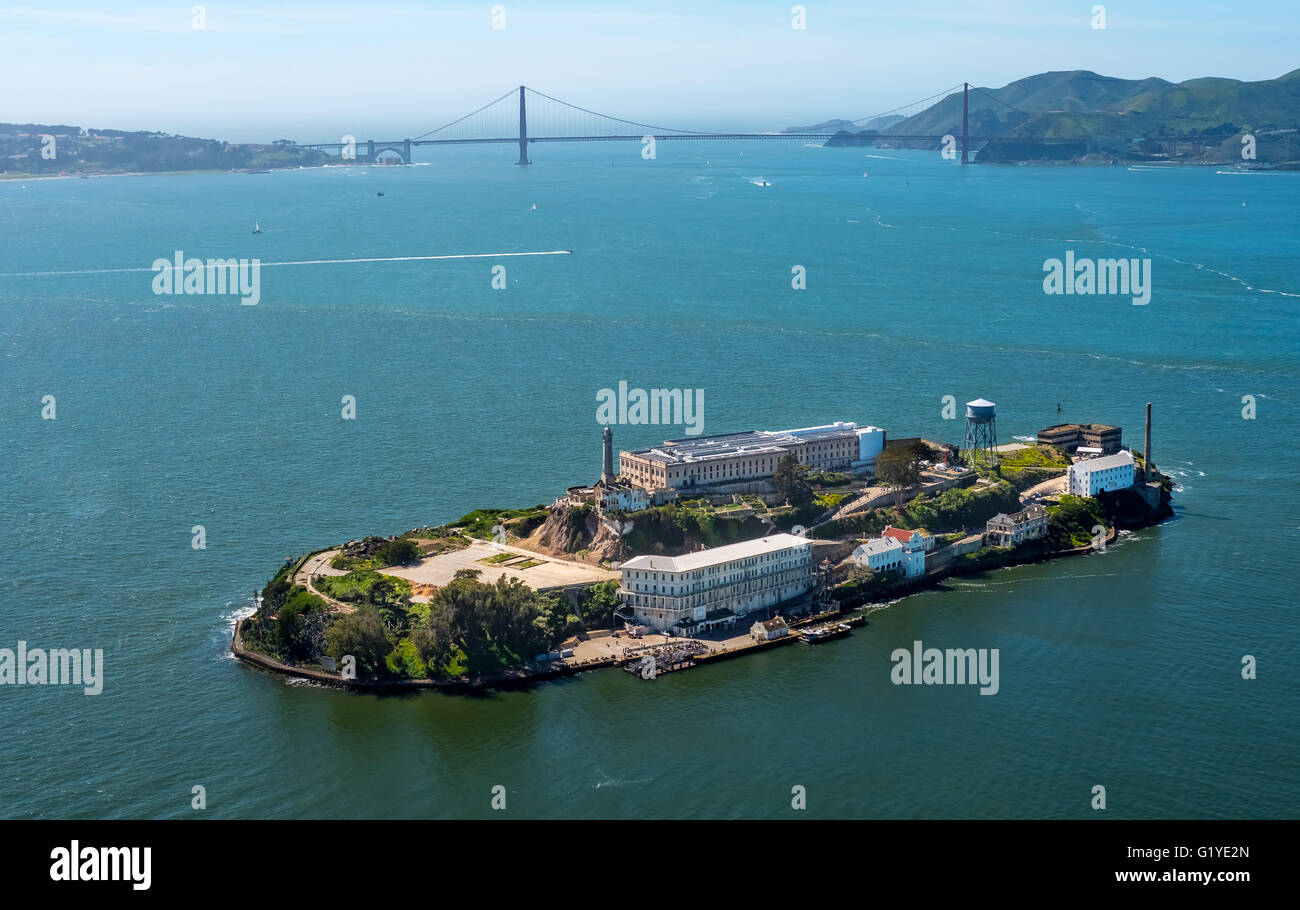 Prison Island Alcatraz with the Golden Gate Bridge in the background, Alcatraz Island, Aerial View, San Francisco Stock Photo