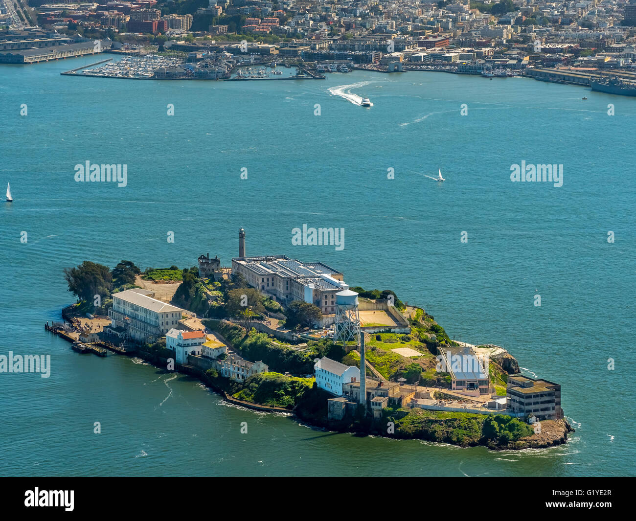 Aerial view, Alcatraz, Alcatraz prison island with Lighthouse, San Francisco, San Francisco Bay Area, USA, California, USA Stock Photo