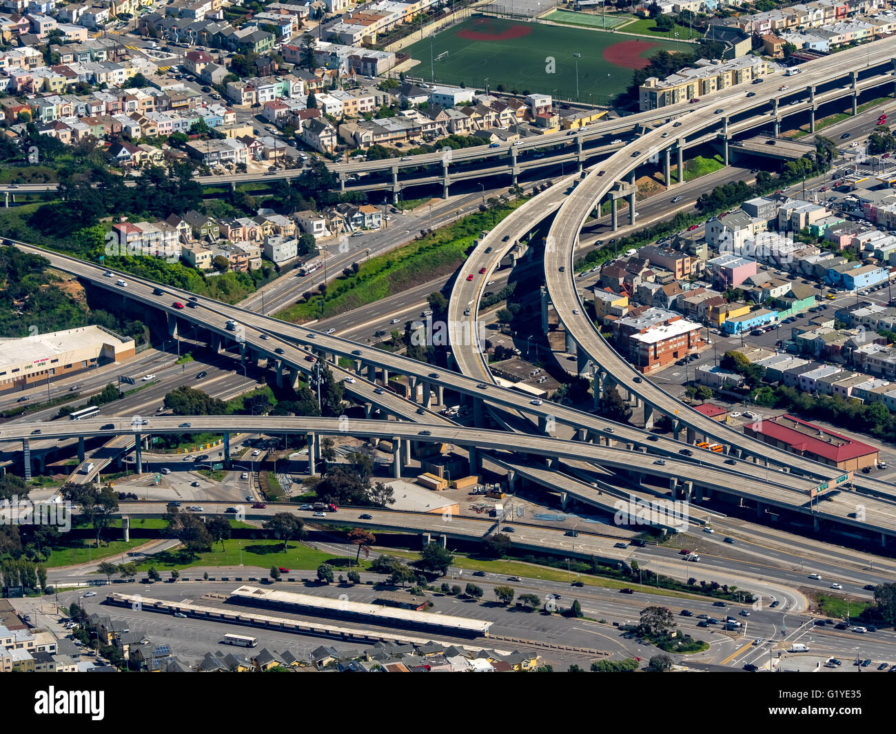 Aerial view, interchange Freeway 101, Bayshore Freeway and Freeway 92, San Francisco, San Francisco Bay Area, USA, California Stock Photo