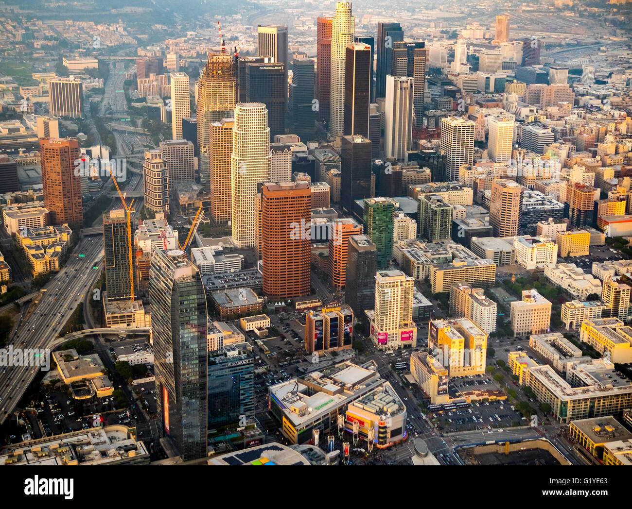 Skyscrapers of downtown Los Angeles in haze, smog, Los Angeles, Los Angeles County, California, USA Stock Photo