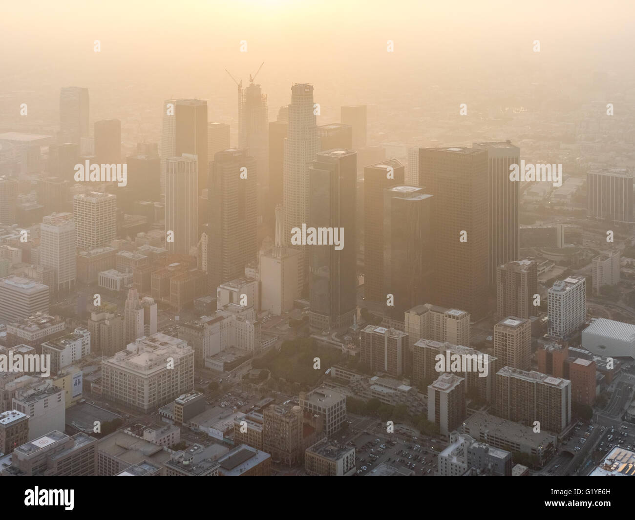 Skyscrapers of downtown Los Angeles in haze, smog, Los Angeles, Los Angeles County, California, USA Stock Photo
