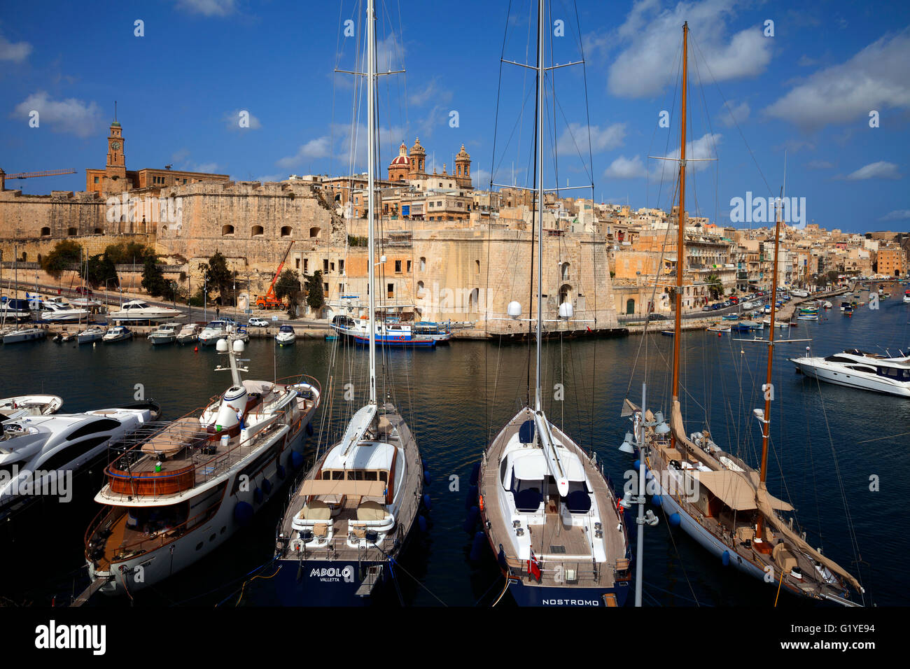 View of the Grand Harbour Marina, Basilica Maria birth, Vittoriosa, Malta Stock Photo