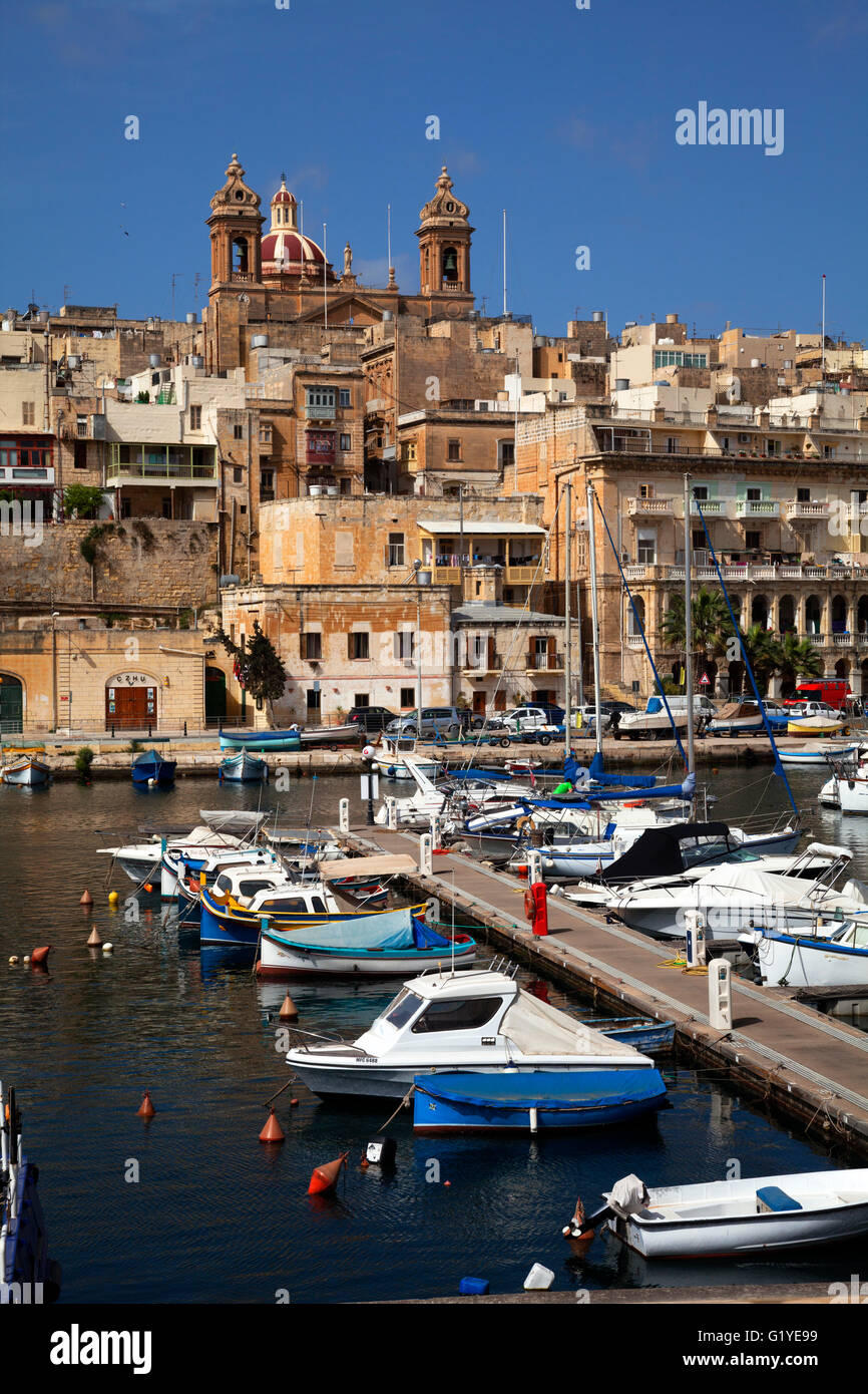 View of the Grand Harbour Marina, Basilica Maria birth, Vittoriosa, Malta Stock Photo