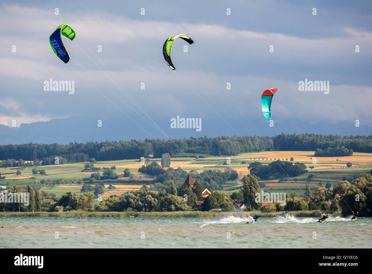 Kiters during a storm on Lake Constance between the island Reichenau and Allensbach, Lake Constance, Germany Stock Photo