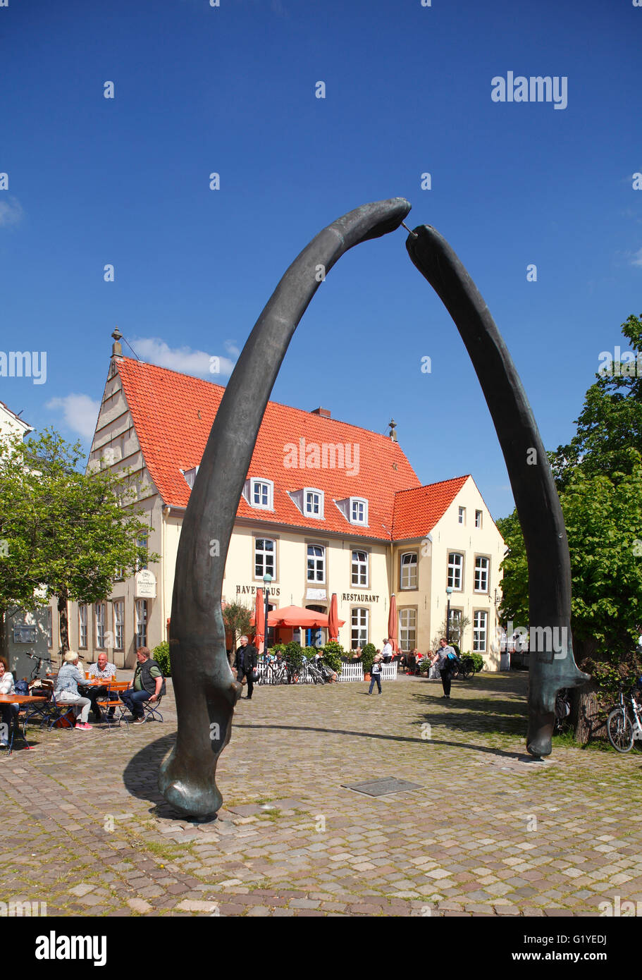 Whale jaws on Utkiek with Hotel Havenhaus in Bremen-Vegesack, Bremen, Germany Stock Photo