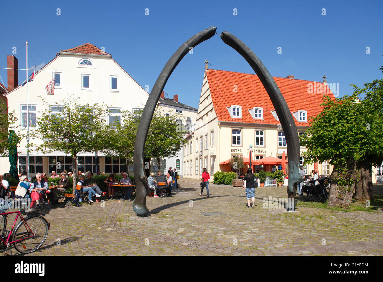 Whale jaws on Utkiek with Hotel Havenhaus in Bremen-Vegesack, Bremen, Germany Stock Photo