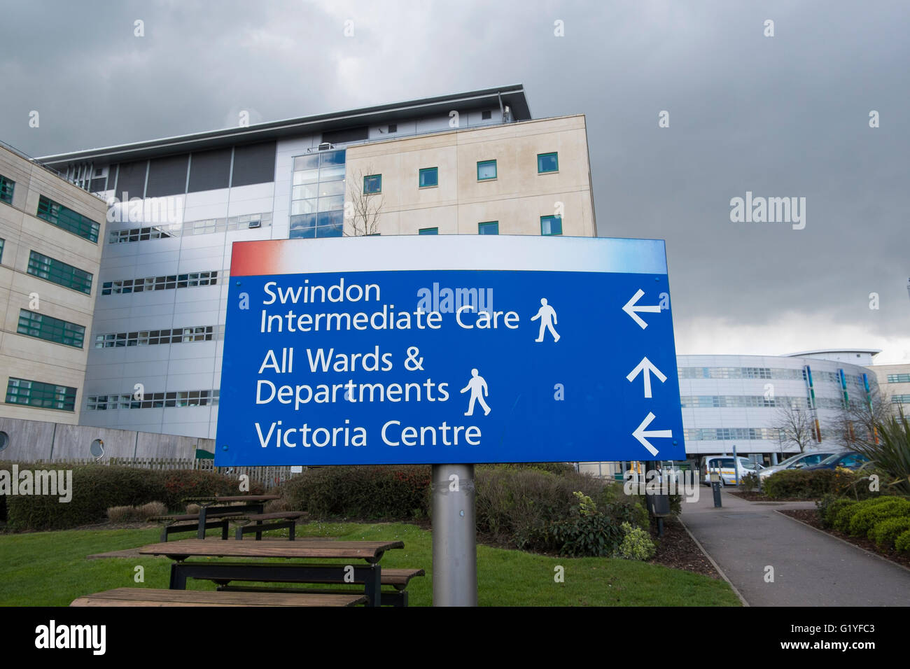 Sign showing directions to departments at the Great Western Hospital in