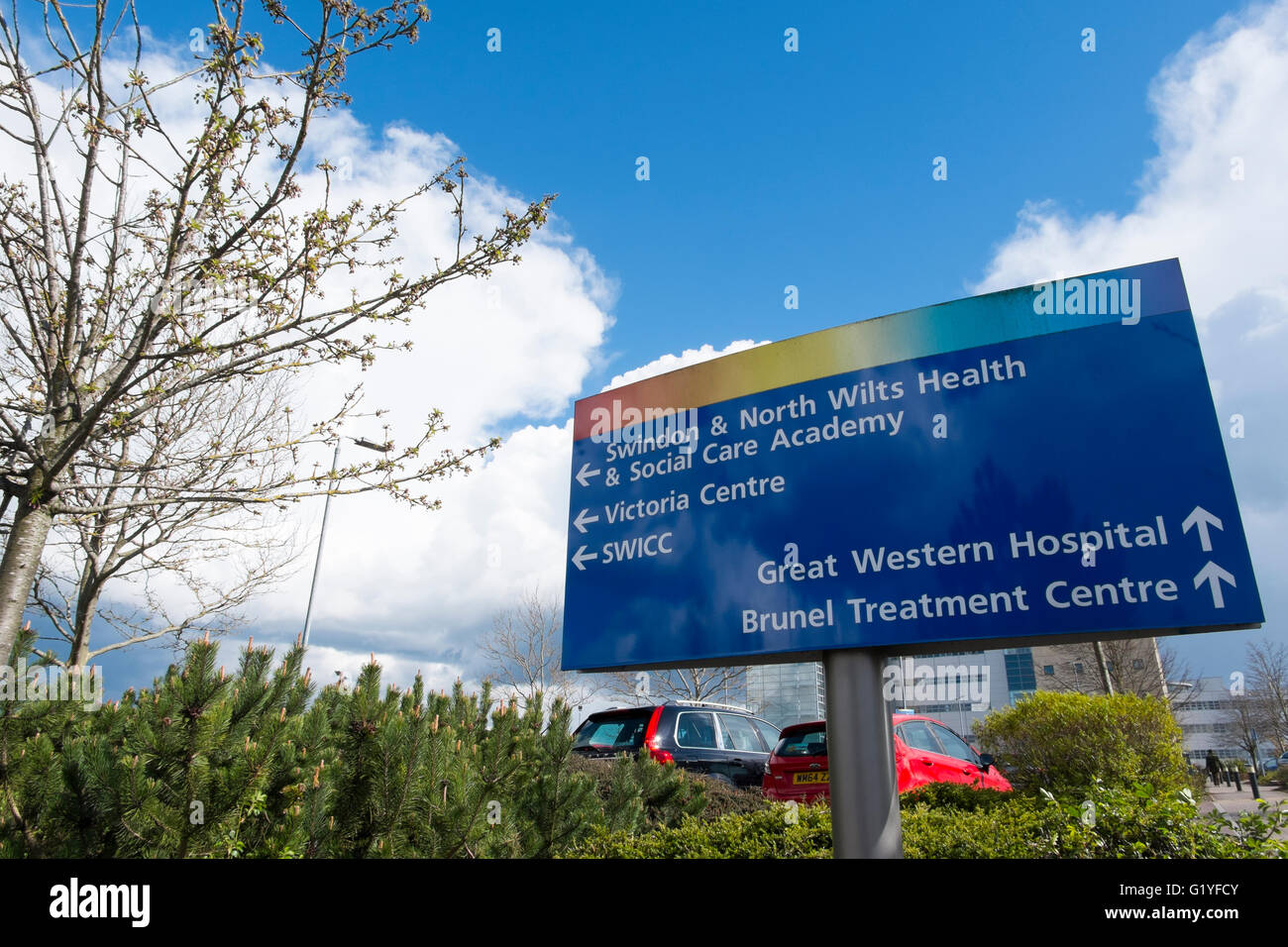 Sign showing directions to departments at the Great Western Hospital in Swindon, Wiltshire, UK Stock Photo