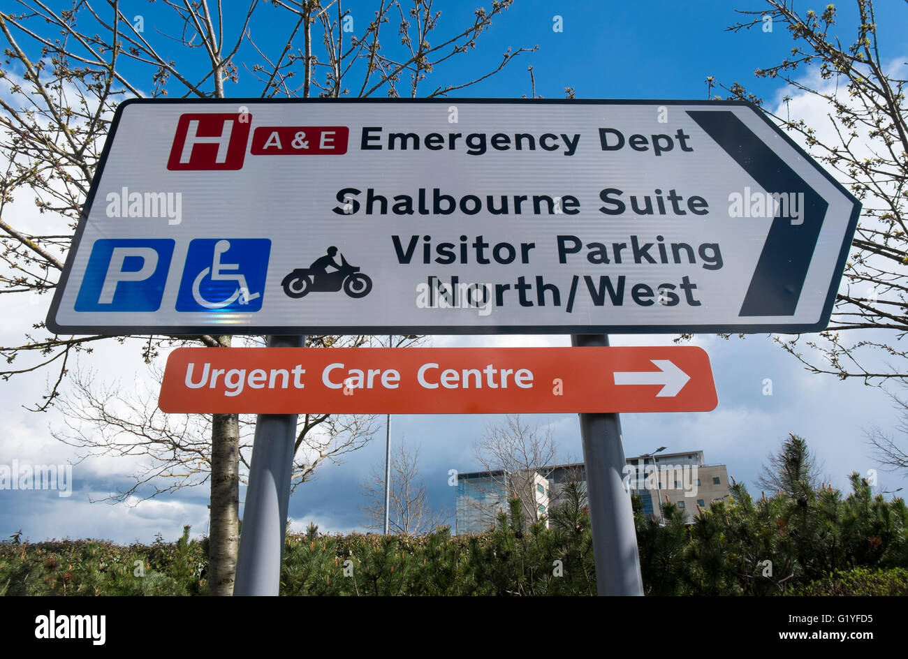 Sign showing directions to departments at the Great Western Hospital in