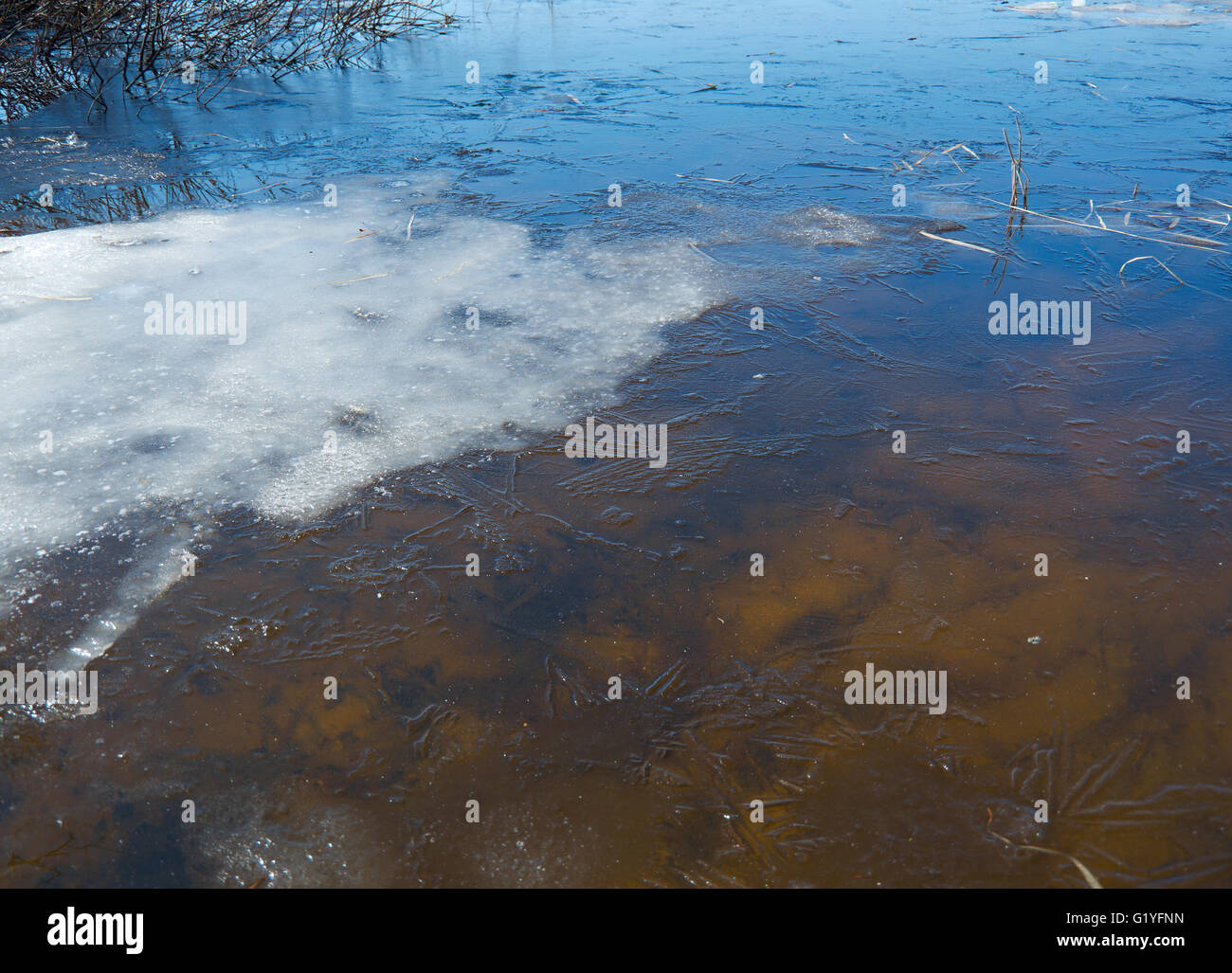 Russian  landscape Arkhangelsk Oblast . spring flooding on the lake,Thin ice on the water Stock Photo