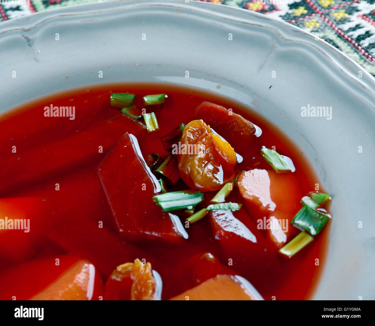 Russian Cold beet soup chlodnik with potatoes, and dried apricots. Good for the heart Stock