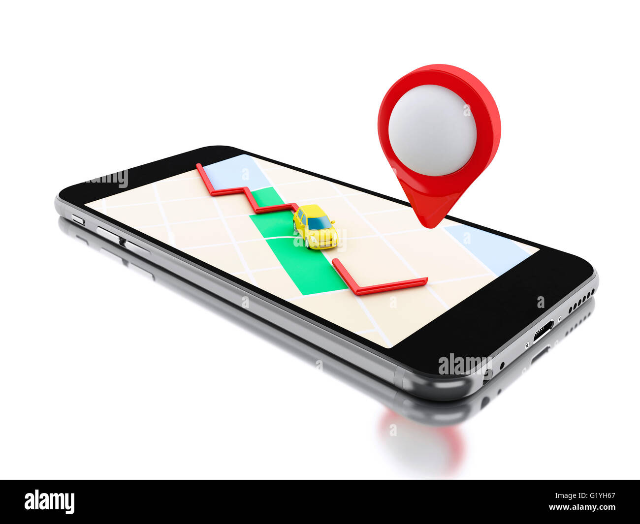 3d renderer image. Smartphone with a map, a car and map pointer ...