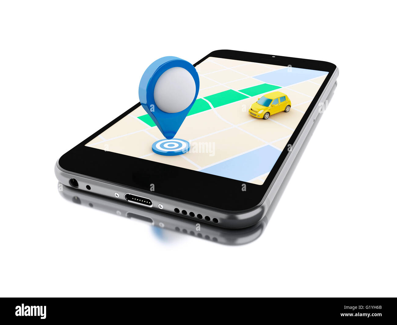 3d renderer image. Smartphone with a map, a car and map pointer ...