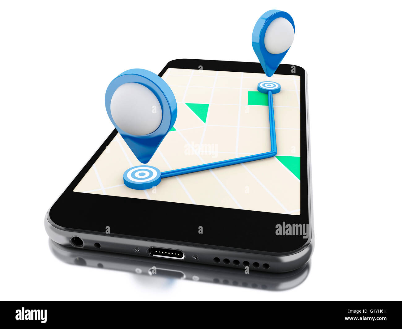3d renderer image. Smartphone with a map, blue pointer and planned ...