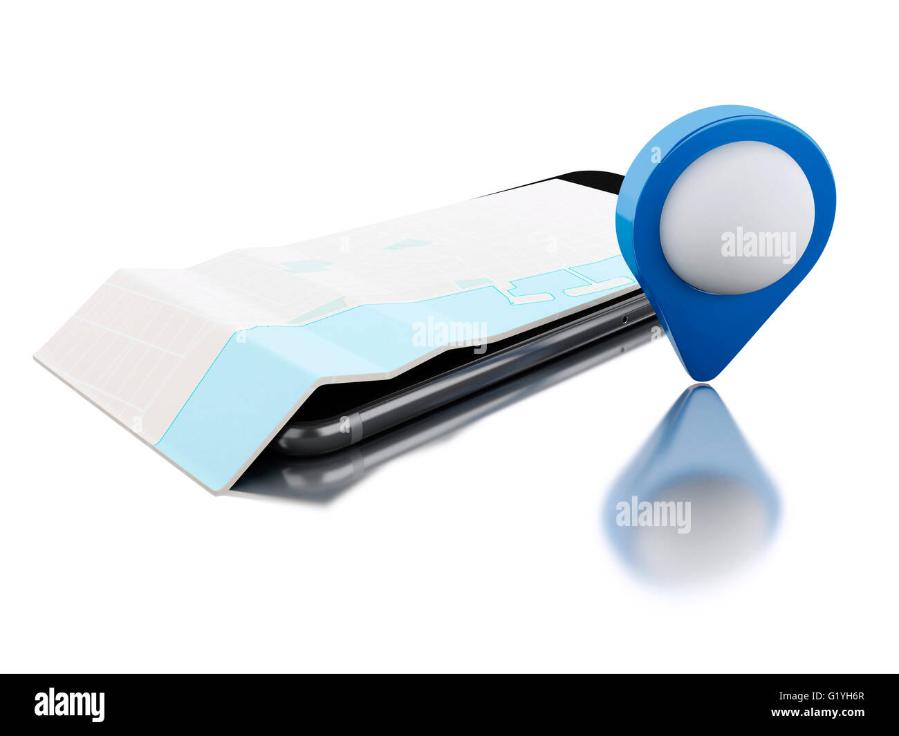 3d renderer image. Smartphone with a map and blue map pointer ...