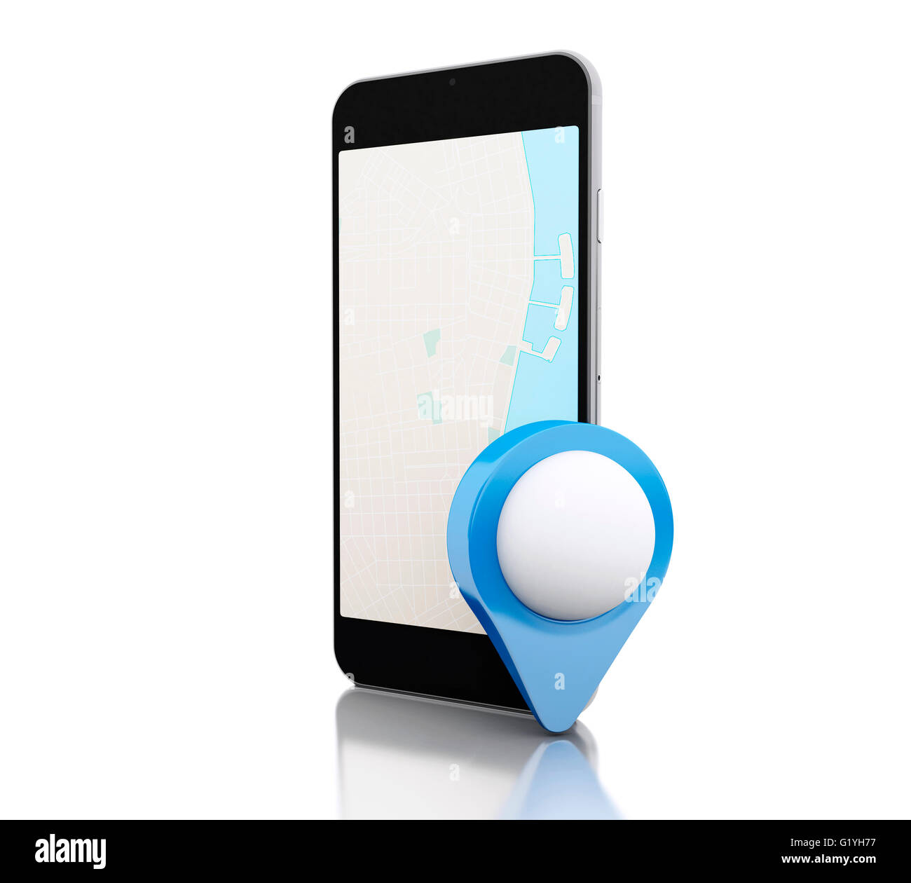 3d renderer image. Smartphone with a map and blue map pointer ...