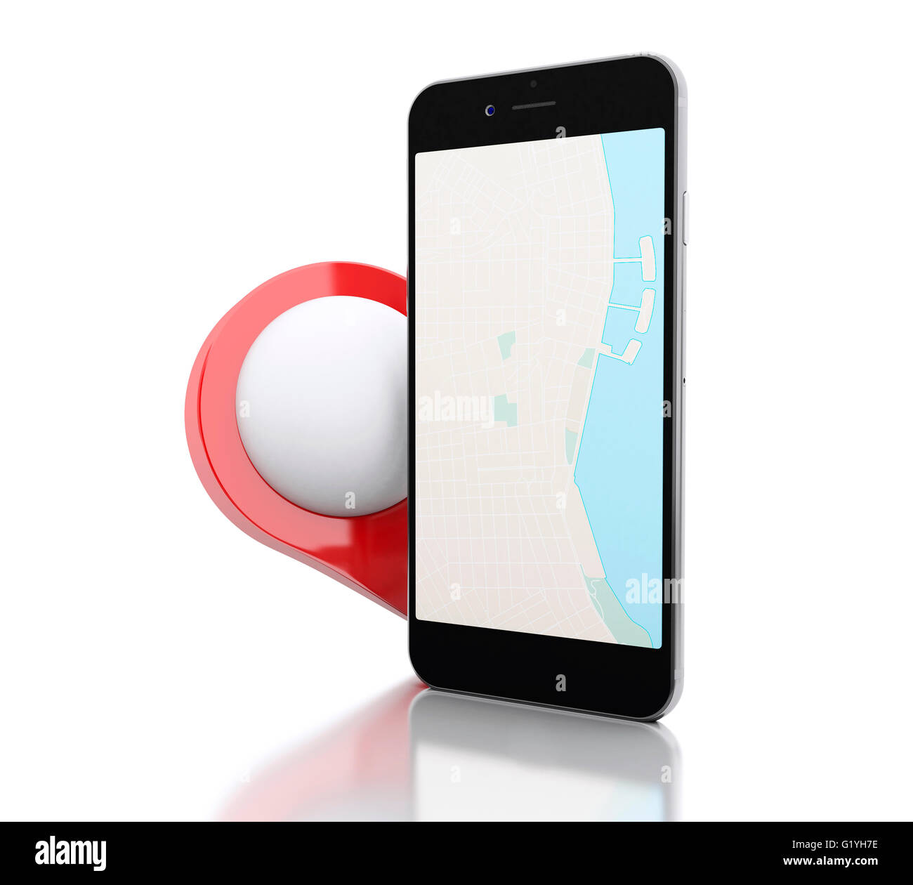 3d renderer image. Smartphone with a map and red map pointer ...