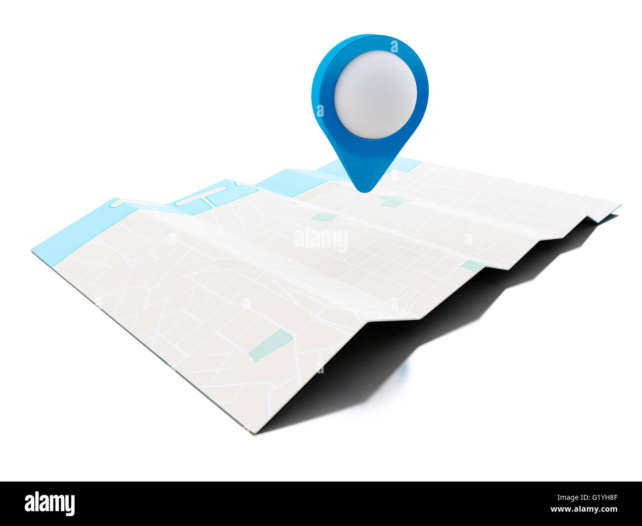 3d renderer image. Map with blue map pointer. Navigation concept. Isolated white background. Stock Photo