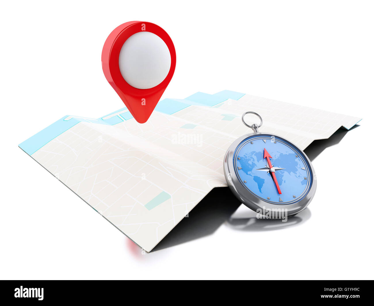 3d renderer image. Map with blue pointer and a compass. Navigation concept. Isolated white background. Stock Photo