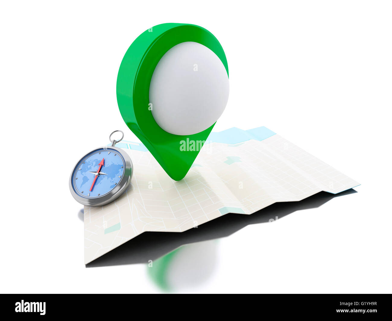 3d renderer image. Map with green map pointer. Navigation concept. Isolated white background. Stock Photo