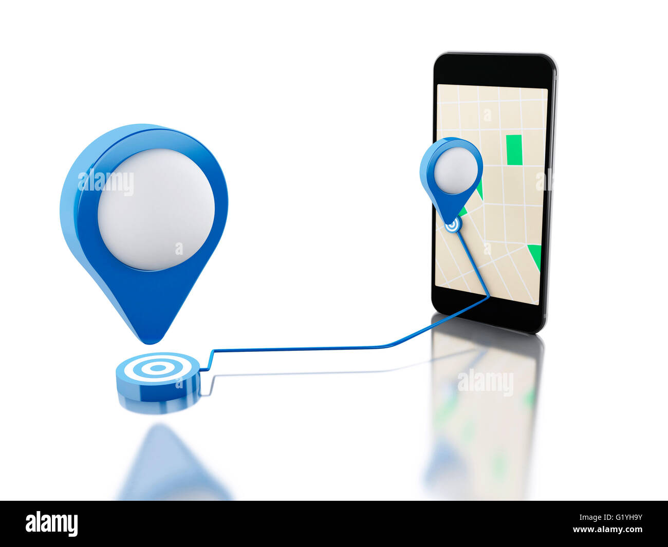 3d renderer image. Smartphone with a map, blue pointer and planned ...