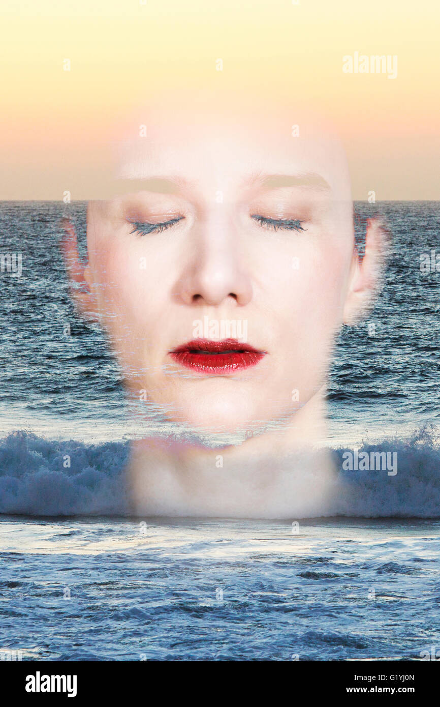 Double exposure portrait of a woman combined with sunset and ocean ...