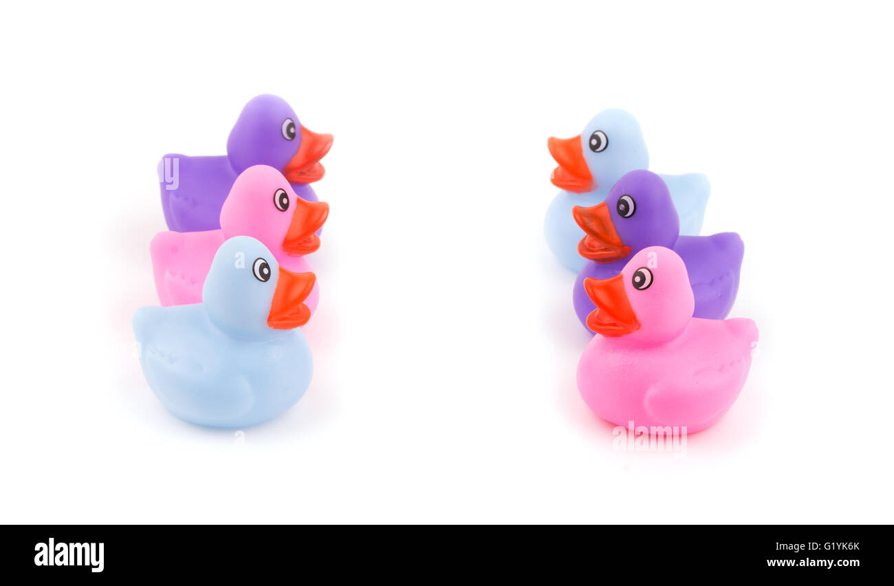 Two lines of rubber ducks facing each other - concept of teams and competition; on white Stock Photo