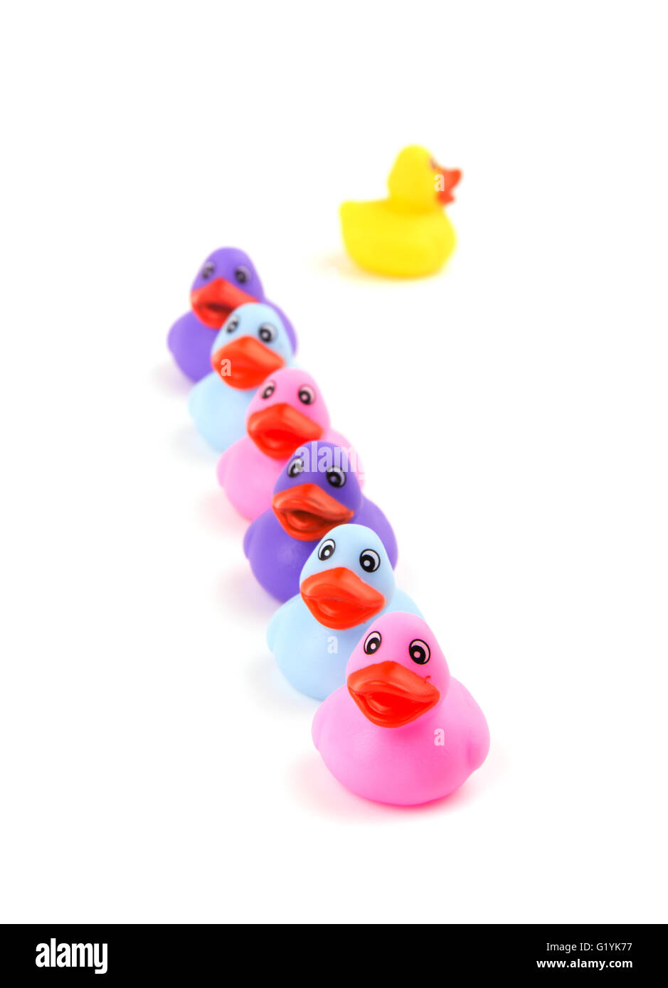 Rubber ducks in a row, with one headed to opposite direction, fading away - concept of individuality; focus on front pink duck Stock Photo