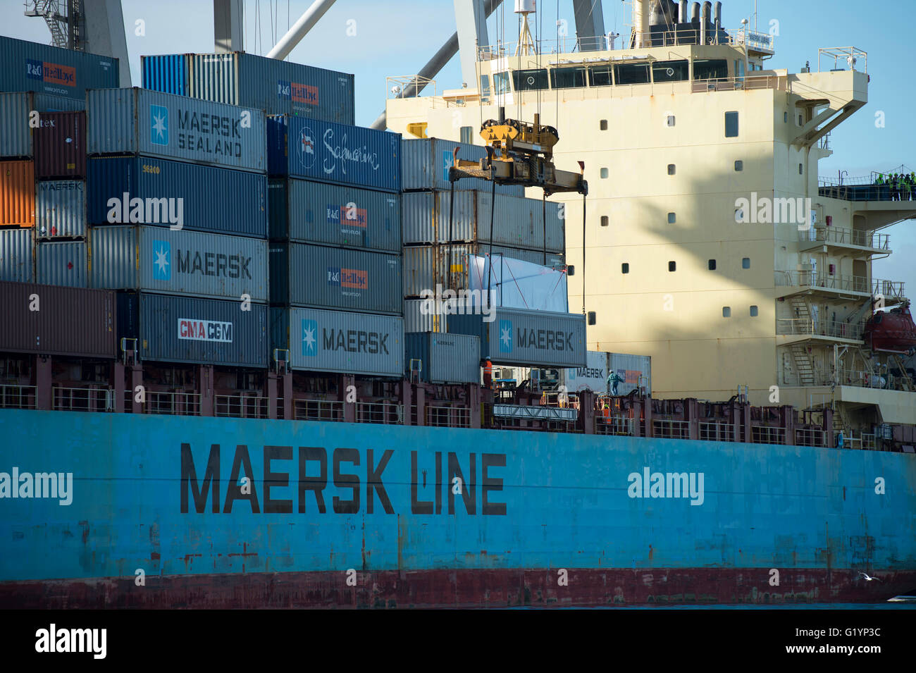 Containers are loaded on to the Maersk Container ship Maersk Jubail loading at Ports of Auckland