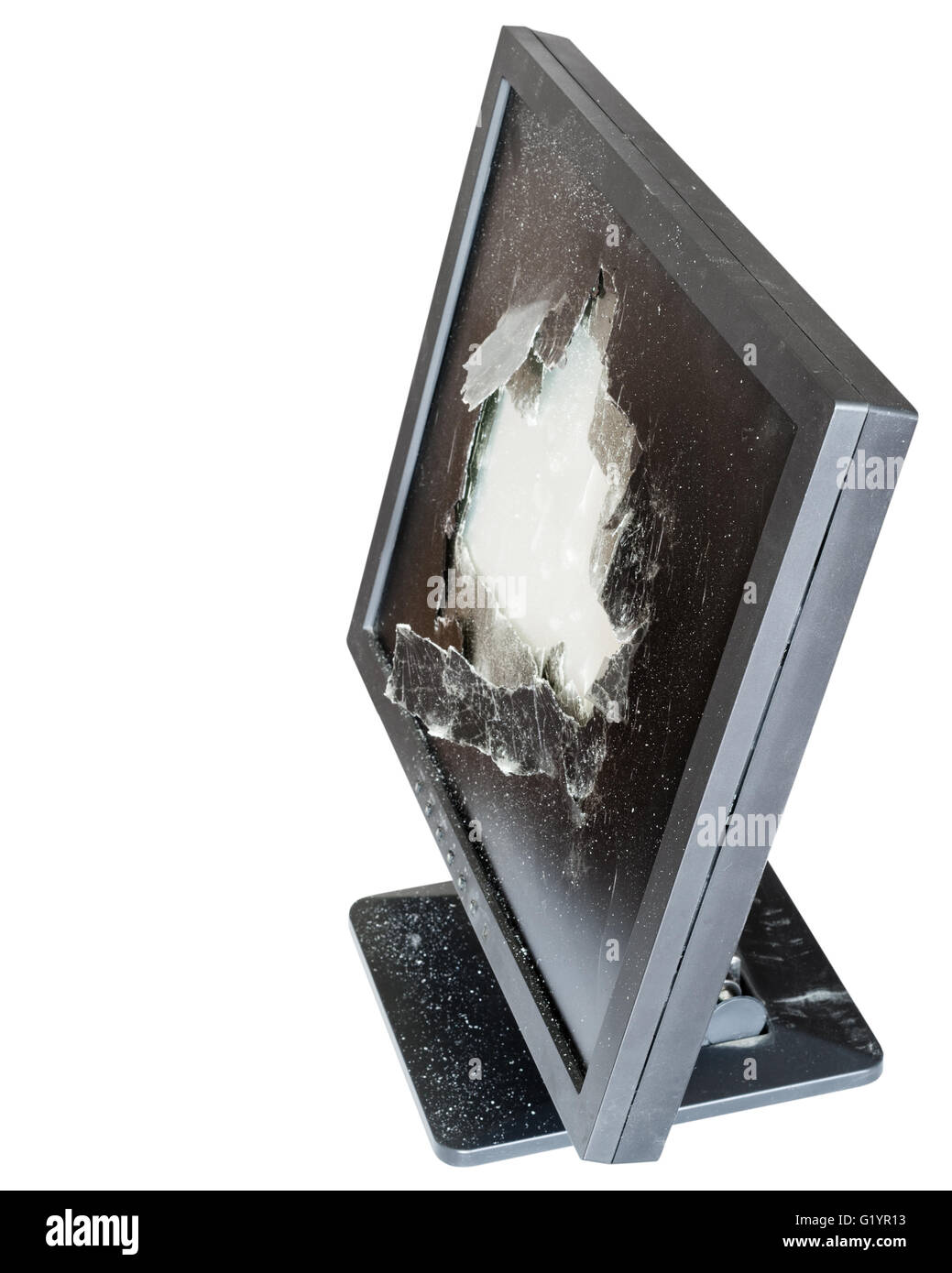 side above view of broken monitor with damaged glass screen isolated on white background Stock