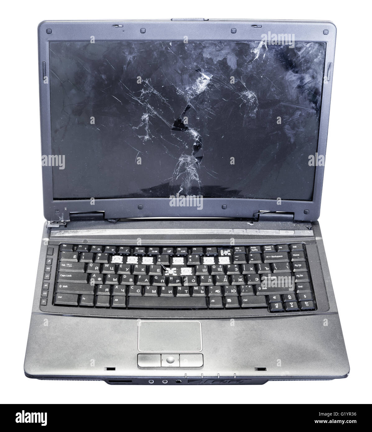 front view of old broken laptop isolated on white background Stock Photo