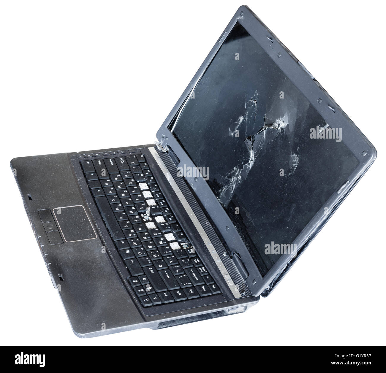 old broken laptop isolated on white background Stock Photo