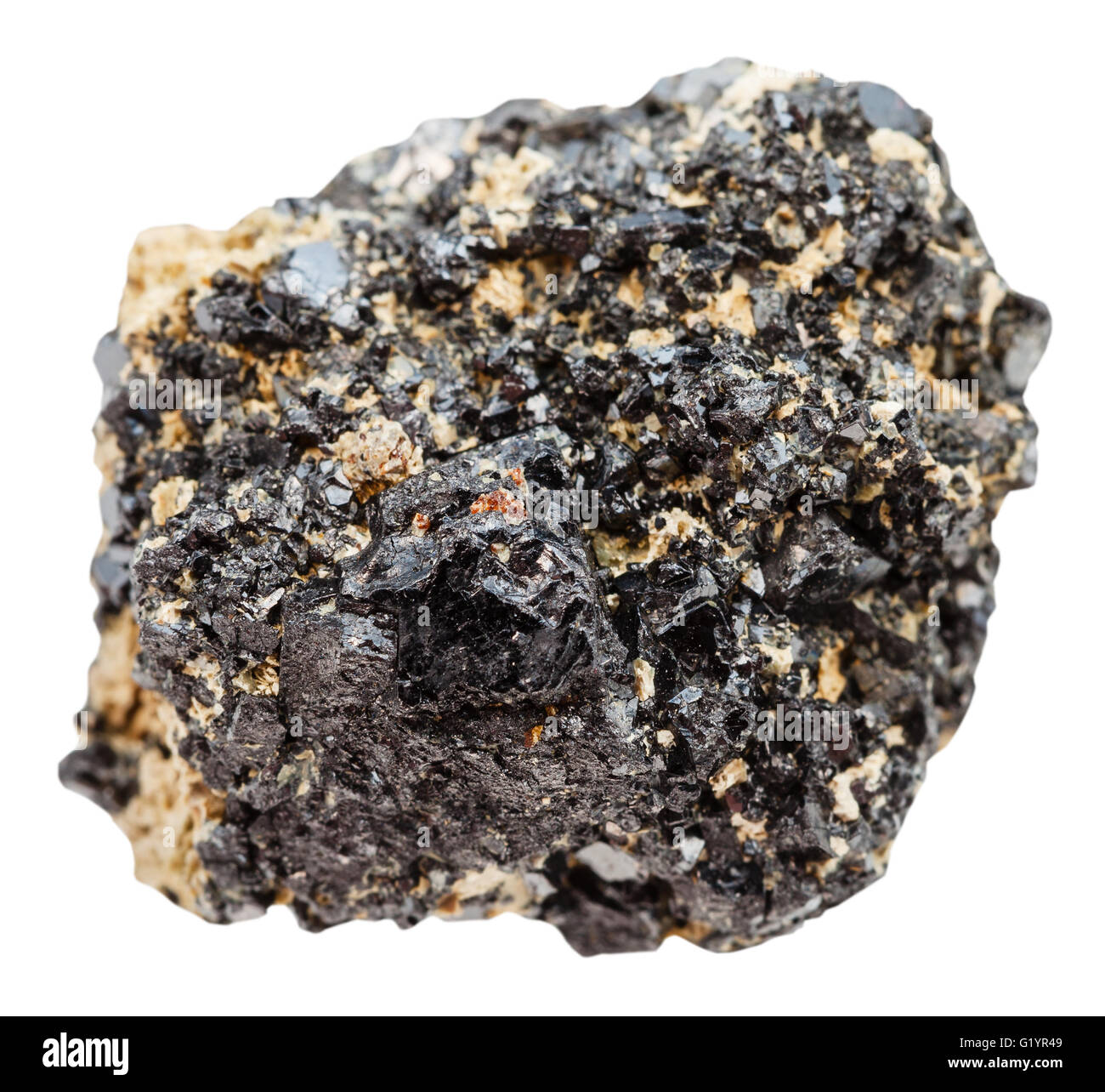 macro shooting of natural mineral stone - Perovskite stone (titanium ore - calcium titanium oxide mineral composed of calcium ti Stock Photo