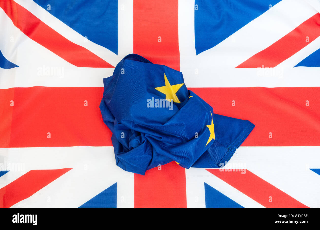 Creased Flag of European Union on the Flag of the United Kingdom Stock Photo