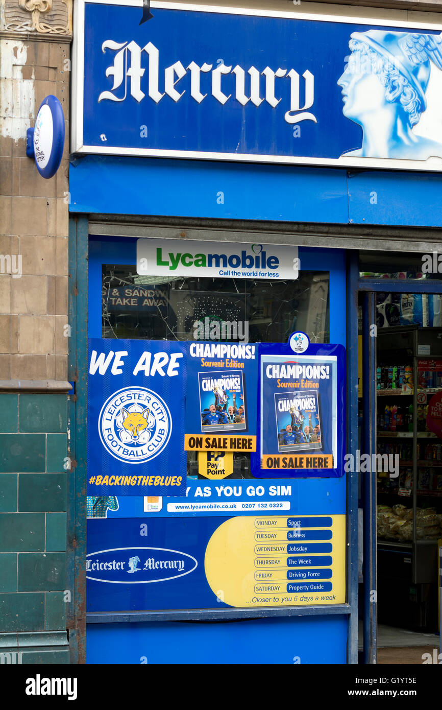 Leicester City Football Club champions posters, Leicester city centre, UK Stock Photo