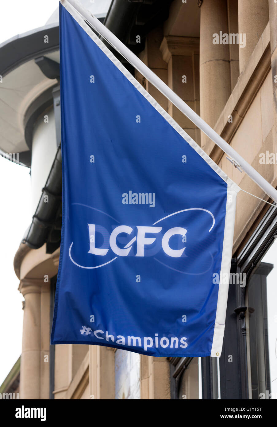 Leicester City Football Club champions flag, Leicester ccity centre, UK Stock Photo