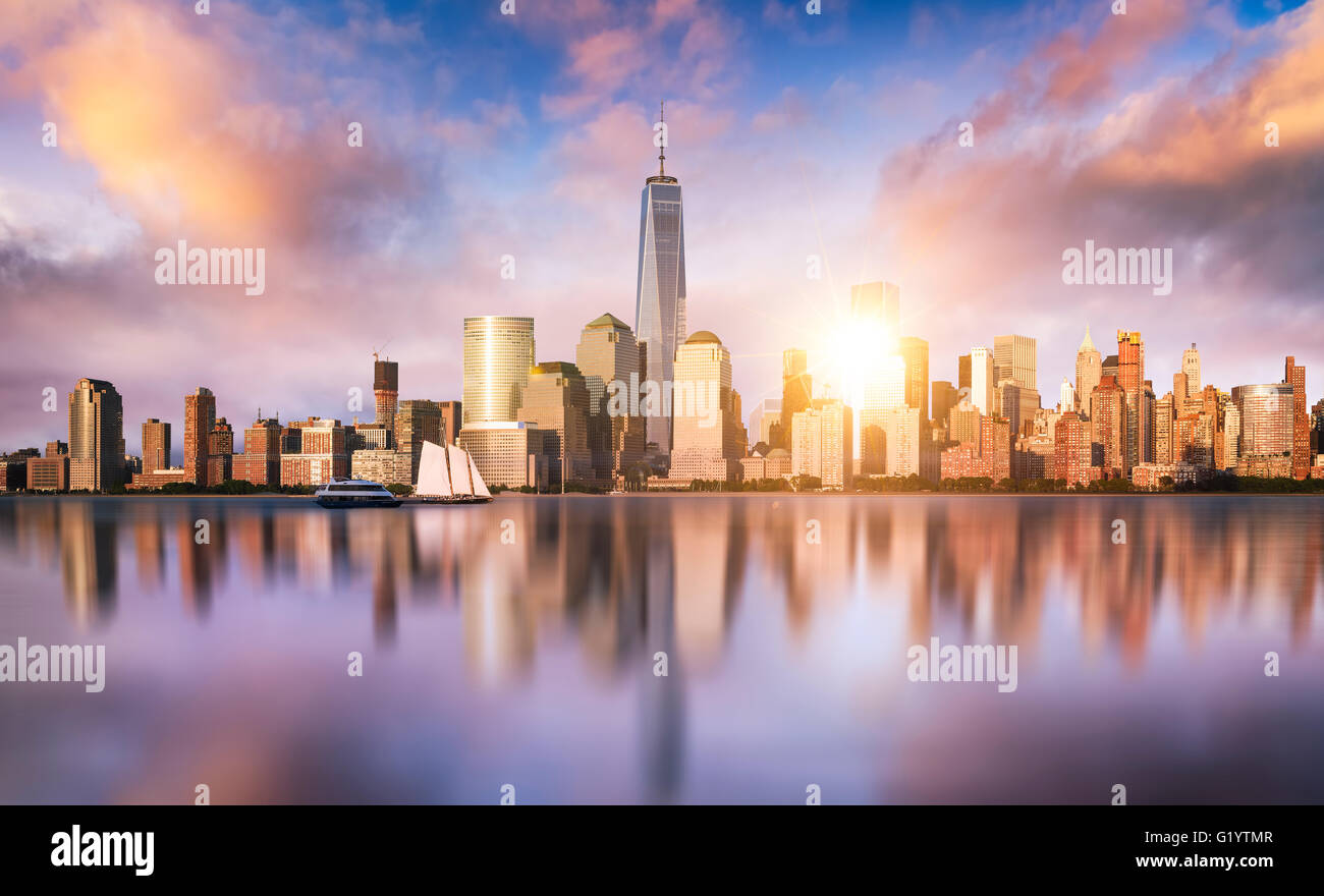 New York City skyline with urban skyscrapers at sunset, USA Stock Photo ...
