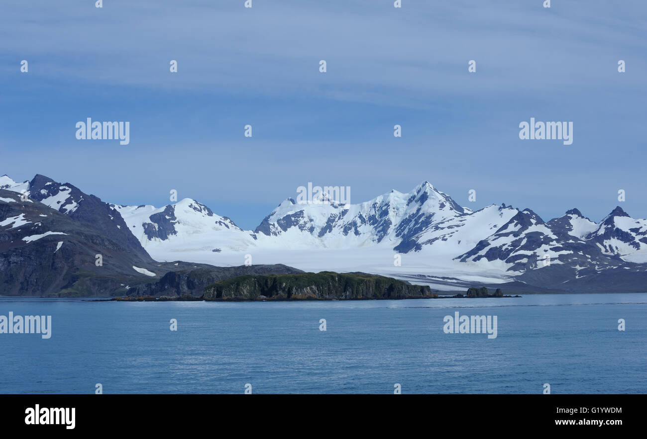 Blue sky and blue sea and the mountains and glaciers behind Bay of Isles. Bay of isles,  South Georgia. Stock Photo