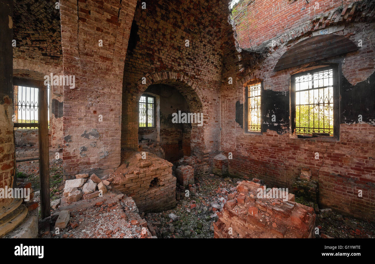 The brick ruins of the interior of an abandoned temple. Dilapidated ...
